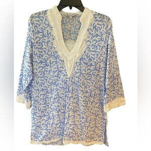 Sulu Sz 8 Blue & White Heavy Embroidered Cotton V-Neck Summer Beach Tunic